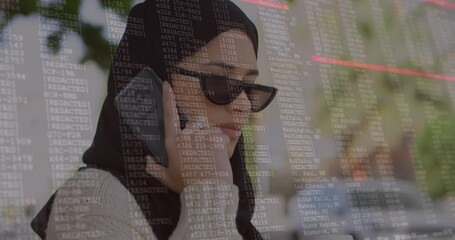 Poster - Woman in hijab talking on phone with data processing animation overlay