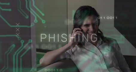 Poster - Receiving phishing warning, woman on phone with digital circuit overlay animation