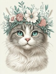  Grayscale Cat with Floral Crown and Bright Blue Eyes Illustration