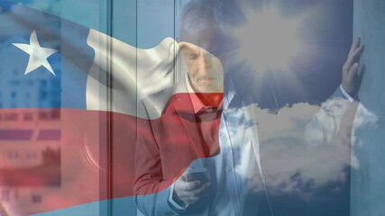 Poster - Using smartphone, man with Chilean flag and bright sun animation overlay
