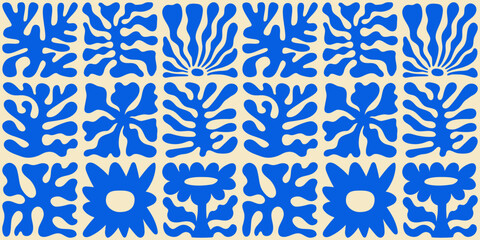 Poster - Vector seamless pattern in simple floral wavy and groovy naive style, ocean and vacation theme,  flowers and plants, floral botanic hand drawn design templates, modern art prints, surface design