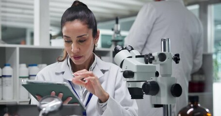 Woman, microscope and tablet at laboratory with research, test and review for results in pharmaceutical study. Person, scientist and clinical trial for medicine, application and solution by laptop