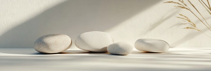 Aufkleber - Smooth river stones arranged meticulously on a white surface with soft lighting creating a neutral and calming aesthetic