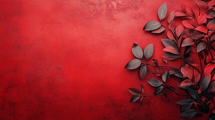 Poster - Red and black leaves forming a border on red textured background