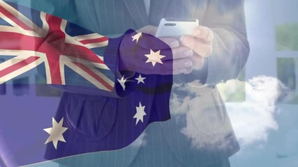 Poster - Person using smartphone with Australian flag overlay, cloudy sky in background