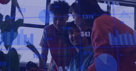 Poster - Collaborating on financial data and graphs, business team discussing in office