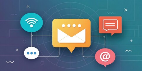 Aufkleber - Digital communication illustration featuring messaging icons, including email and social media symbols, connected through lines on a gradient background.