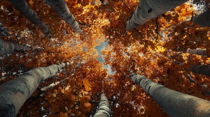Aufkleber - Birch trees canopy with colorful foliage reaching for the sky in autumn