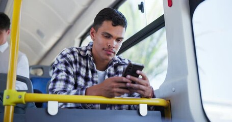 Poster - Bus, thinking and man with phone for travel, commute and journey on metro service in city. Public transport, passenger and person on smartphone for internet, social media and chat for trip in town