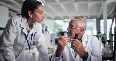 Leinwandbilder - Computer, medical and science with people in laboratory together for collaboration or discussion. Conversation, healthcare and research with scientist team at work for breakthrough or innovation