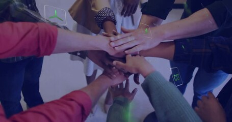 Poster - In school, diverse group joining hands with animation overlay for teamwork