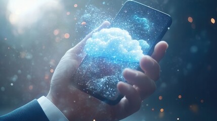 Technology transformation concept showing businessman holding mobile phone with virtual cloud computing.