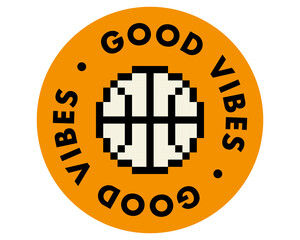 Poster - Pixel art sticker for sport activity in retro 90s style. Y2k inspired basketball icon. Cool badge element for basket. Geometric modern shape for collage, poster, stamp, logo.Vector illustration