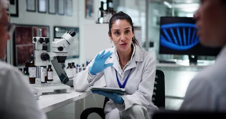 Leinwandbilder - Science, tablet and talking with people in laboratory together for collaboration or discussion. Healthcare, medical review and research team with group at work on clinical trial for innovation
