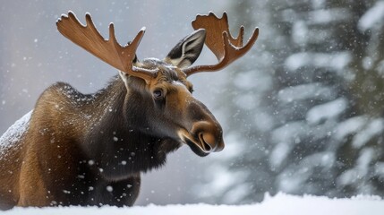 Wall Mural - moose standing in snowfall in a forest in winter