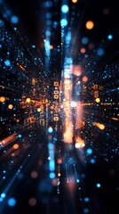 Poster - Futuristic digital data stream with abstract numbers and glowing elements in a vibrant backdrop