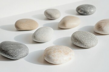 Poster - Minimalist arrangement of smooth river stones on a white surface with soft lighting and a neutral aesthetic for calming decorative touch