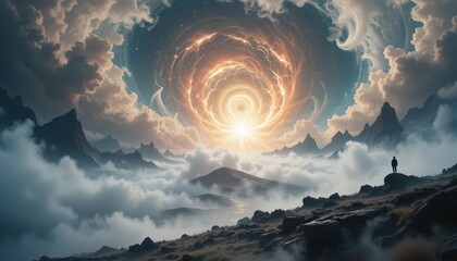 Poster - Enigmatic Cosmic Landscape with Swirling Clouds and Bright Sun