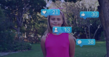 Poster - In school, child in pink dress surrounded by floating social media animation