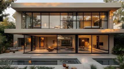 Leinwandbilder - Two-story minimalist house, large glass panels, bright and spacious, no furniture, open-plan interior, neutral color scheme