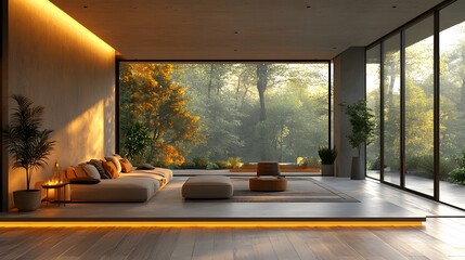 Leinwandbilder - Luxury minimalist house, empty modern interior, warm wooden flooring, large windows, architectural lighting