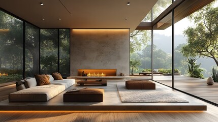 Leinwandbilder - Luxury minimalist house, empty modern interior, warm wooden flooring, large windows, architectural lighting