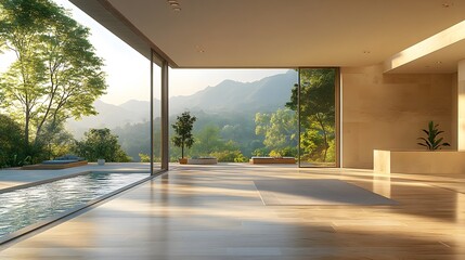 Leinwandbilder - Luxury minimalist house, empty modern interior, warm wooden flooring, large windows, architectural lighting