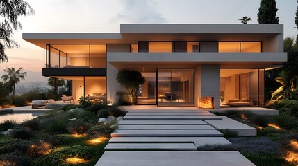Leinwandbilder - Minimalist home exterior, sleek and modern, large entrance, neutral colors, simple geometric lines