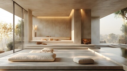 Leinwandbilder - Industrial minimalist home, concrete walls, large windows, raw material textures, spacious empty interior