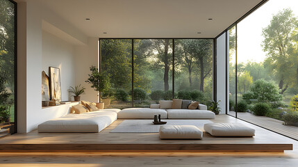 Leinwandbilder - Minimalist living room, empty modern design, white walls, wooden flooring, soft natural lighting, clean aesthetic