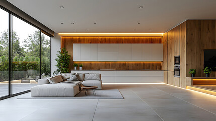 Leinwandbilder - Open-concept minimalist kitchen, sleek cabinets, white and wood tones, modern appliances, clean and empty space