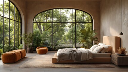 Leinwandbilder - Empty minimalist bedroom, neutral color palette, large windows, spacious feel, soft natural light, modern design