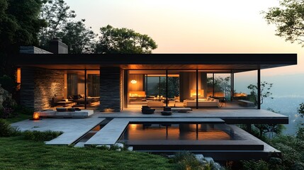 Leinwandbilder - Minimalist house at dusk, warm lighting, large open patio, clean and sleek architecture