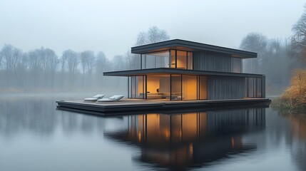 Leinwandbilder - Floating minimalist home, modern geometric design, water reflection, soft lighting