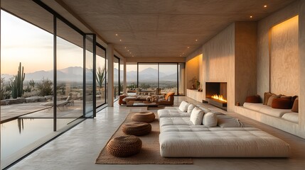 Leinwandbilder - Minimalist desert home, large open windows, warm tones, clean empty space