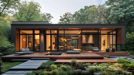 Leinwandbilder - Suburban minimalist house, warm wood elements, large windows, soft neutral lighting, sleek and modern
