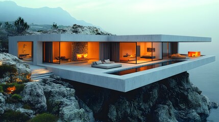 Leinwandbilder - Cliffside minimalist house, perched on rocky terrain, large open windows, breathtaking view, empty interior