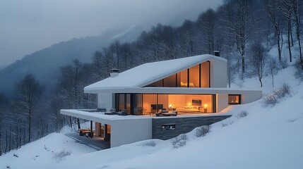 Leinwandbilder - Snow-covered minimalist house, warm lighting, open spacious interior, peaceful winter setting