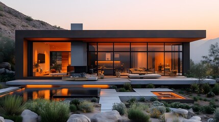Leinwandbilder - Desert minimalist house, open-layout, warm earthy tones, modern sustainable design, solar energy