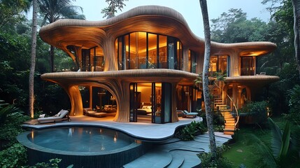 Leinwandbilder - Minimalist bamboo house, eco-friendly design, open walls, tropical surroundings, peaceful vibe