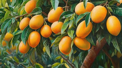 Ripe mangoes on a tree branch, orchard background, food, agriculture