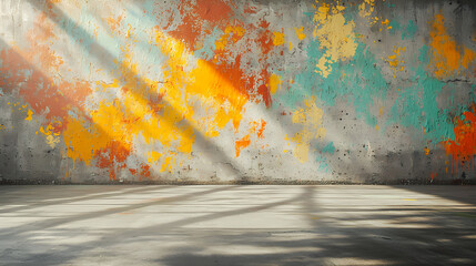 Poster - Sunlight illuminating colorful grunge wall and concrete floor