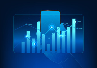 Poster - Smartphone Technology, Businessman holding a phone with a projection of a stock chart and income chart, conveying  businessman using technology to help check the company's profit and loss information.