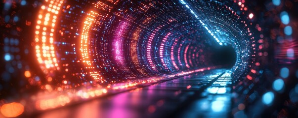 Fototapete - Futuristic tunnel with illuminated digital data lights and vibrant colors