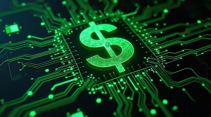 Aufkleber - Digital Banking Concept. Circuit board design featuring a dollar sign in vibrant green tones.