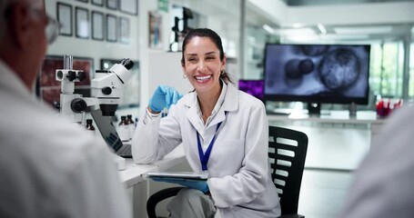 Aufkleber - science, smile and tablet with people laughing in laboratory for discussion or feedback. funny, heal