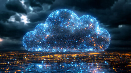 Poster - A digital cloud filled with stars floats above a glowing cityscape, creating a cosmic atmosphere.
