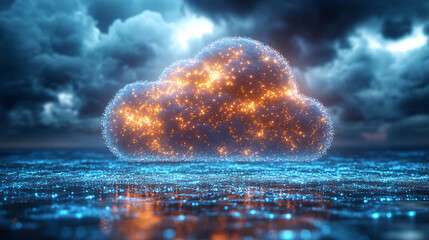 Poster - A glowing, digital cloud forms over a shimmering surface, surrounded by dark, stormy skies, creating a surreal, atmospheric scene.