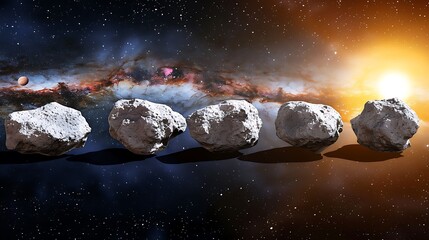 Wall Mural - Five rocky asteroids floating through a vast cosmic starlit space scene