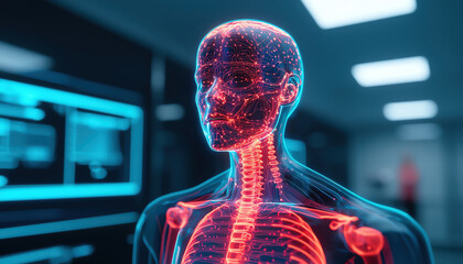 Poster - futuristic digital representation of human body, showcasing intricate circuits and glowing lines, symbolizes advanced technology in healthcare